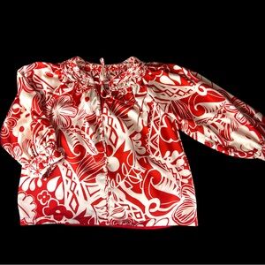 Ciebon Burnt Orange Ivory Mod Graphic Print Tie Neck Blouse Tunic Puff Sleeve